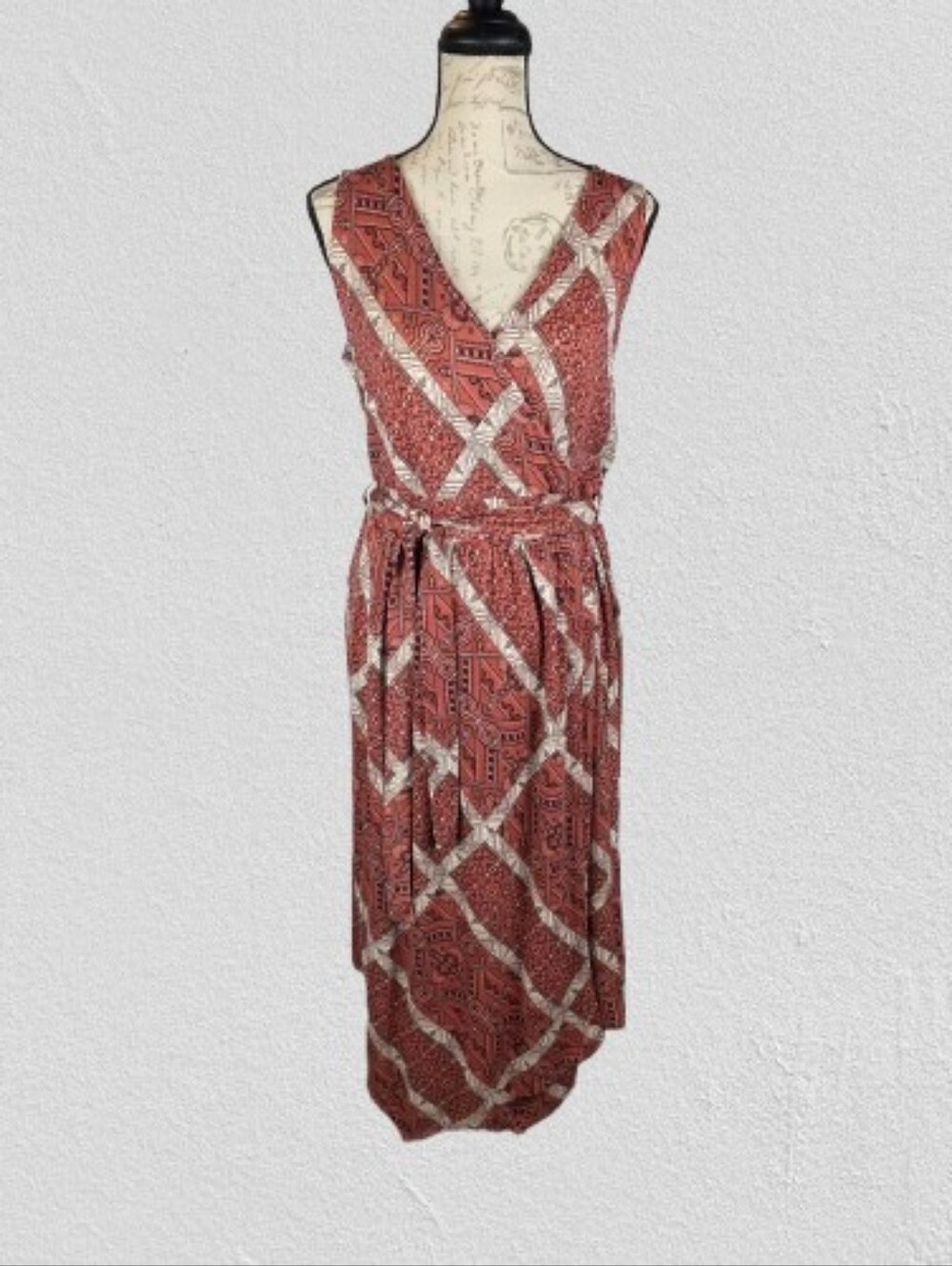 Natural Reflections Sleeveless Bandana Print FauxWrap Dress Rust Cream Wmn's Med